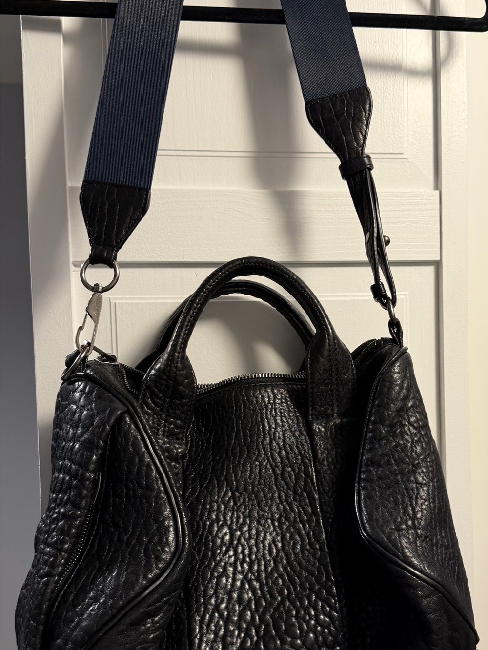 Alexander Wang Black Pebbled Leather Duffel Bag with Navy Strap